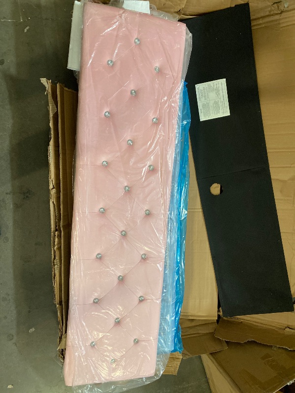 Photo 1 of Full size Full Bed Frame with LED Lights, Princess Velvet Upholstered Platform Bed for Girls, Headboard with Charging Station & Guardrail & Crystal Button, No Box Spring Needed, Pink AJ-DJ503900_2 F25