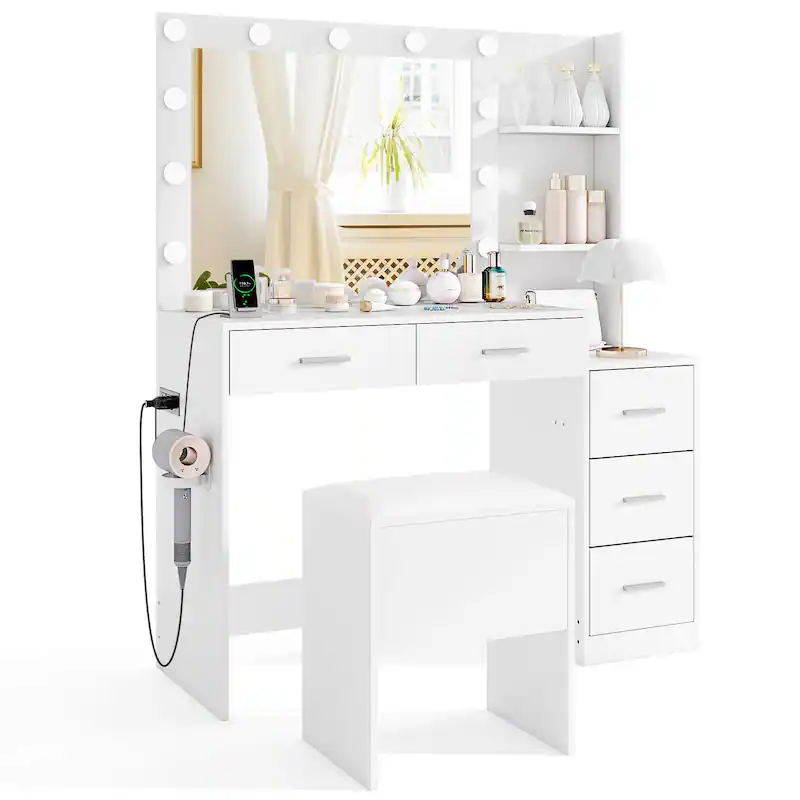 Photo 1 of Costway 43.5" Makeup Table Set Vanity Desk with Storage Stool Power
