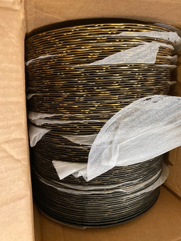 Photo 1 of FoldTier 50 Set Antique Charger Plates with Napkins Set 13 Inch Plastic Round Chargers Bulk Embossed Rim Dinner Plates Elegant Guest Towels for Wedding Party Event Table Decoration Setting (Gold)