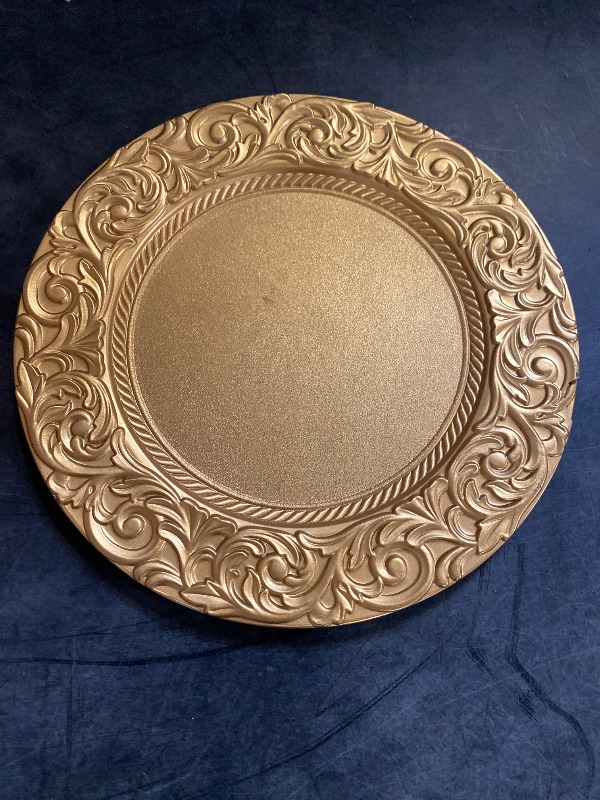 Photo 1 of FoldTier 50 Set Antique Charger Plates with Napkins Set 13 Inch Plastic Round Chargers Bulk Embossed Rim Dinner Plates Elegant Guest Towels for Wedding Party Event Table Decoration Setting (Gold)