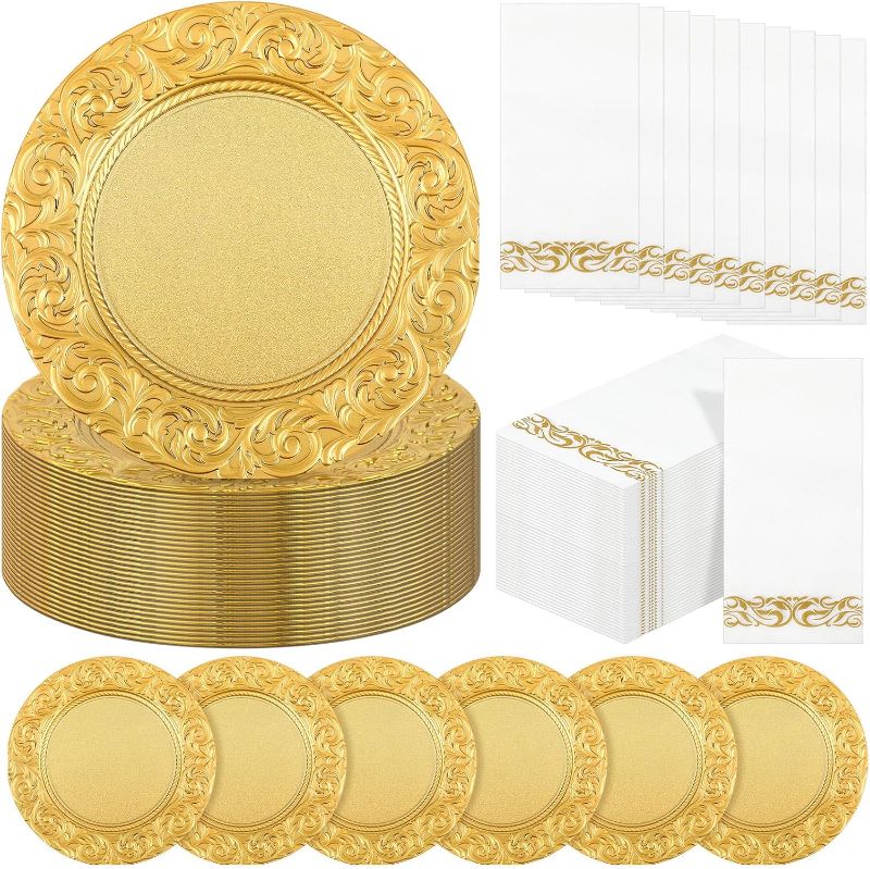 Photo 1 of FoldTier 50 Set Antique Charger Plates with Napkins Set 13 Inch Plastic Round Chargers Bulk Embossed Rim Dinner Plates Elegant Guest Towels for Wedding Party Event Table Decoration Setting (Gold)