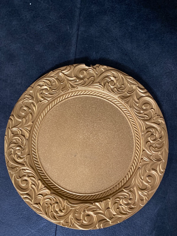Photo 1 of FoldTier 50 Set Antique Charger Plates with Napkins Set 13 Inch Plastic Round Chargers Bulk Embossed Rim Dinner Plates Elegant Guest Towels for Wedding Party Event Table Decoration Setting (Gold)