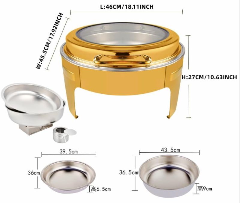 Photo 1 of 1Pack 6.8 Qt Golden Chafing Dish Buffet Set with Big Visible Window, Round Stainless Steel Buffet Servers and Warmers for Catering, Parties, Hotels and Weddings