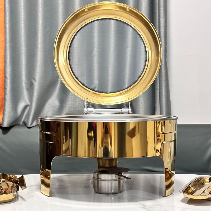Photo 1 of 1Pack 6.8 Qt Golden Chafing Dish Buffet Set with Big Visible Window, Round Stainless Steel Buffet Servers and Warmers for Catering, Parties, Hotels and Weddings