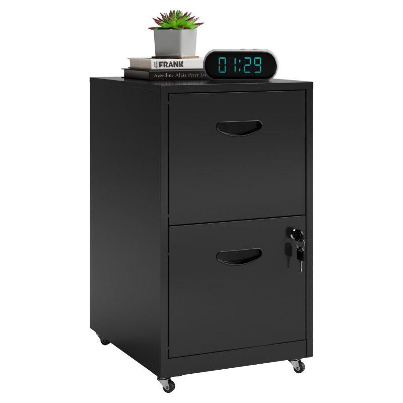 Photo 1 of black Rolling File Cabinet with 2 Drawers & Lock, Home Office Mobile Filing Cabinet