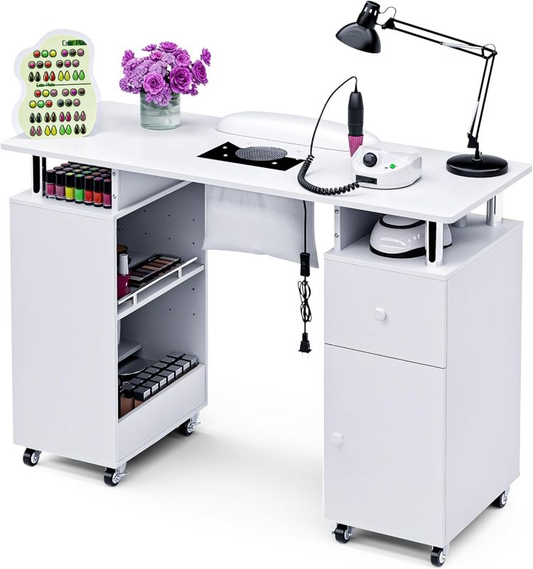 Photo 1 of Manicure Table Nail Desk for Nail Tech, Acetone Resistant Beauty Salon Station with Dust Collector, Wrist Pad, Lockable Wheels, Drawer & Cabinet, White