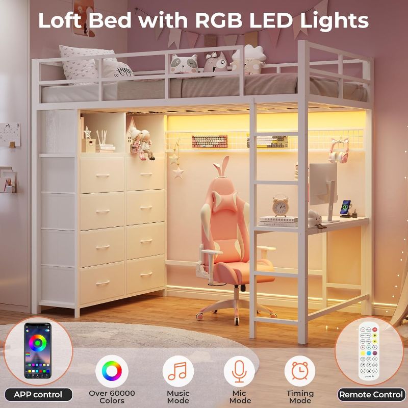 Photo 1 of BTHFST Twin Loft Bed with Desk & 8 Storage Drawers Tall Dresser, White Metal Loft Bed with LED Lights & Charging Station, 2-Tier Storage Shelves, Stable & Sturdy, Noise Free, White