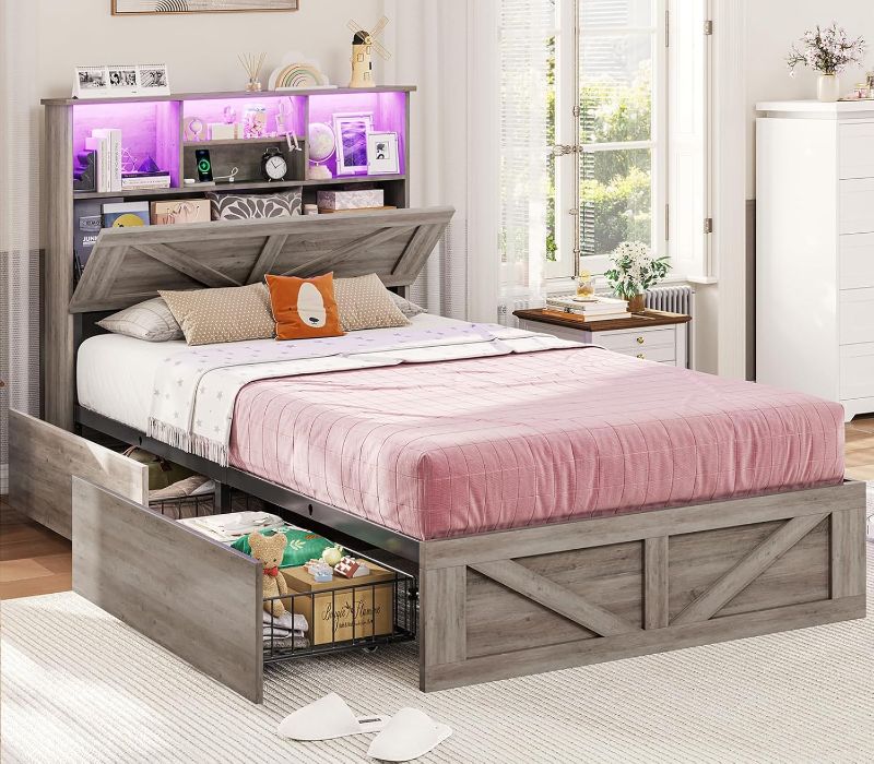 View 1 of (Q) LED Lights and Charging Station, Wooden Queen Bed with 2 Storage Drawers, Rustic Headboard with Sliding Barn Door Storage Cabinets