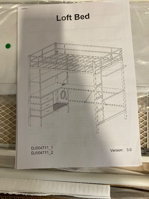 Photo 1 of DICTAC Loft Bed Full Size with L-Shaped Desk and Charging Station Metal Full Size Loft Bed with LED Lights,Storage Shelves and 3 Storage Drawers,Loft Beds for Teen/Adult with Safety Guard&Stairs