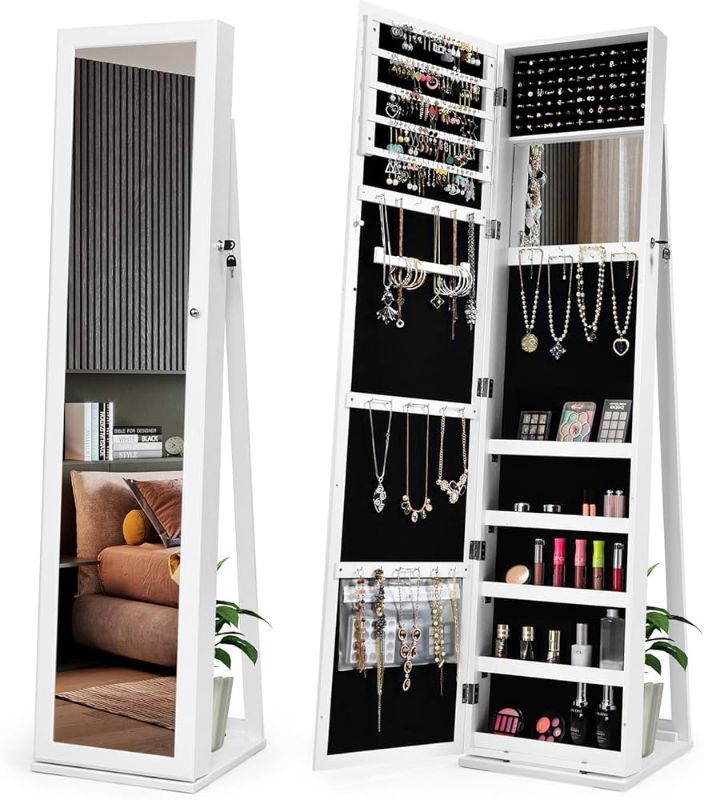 Photo 1 of SONGMICS LED Mirror Jewelry Cabinet Standing Jewelry Armoire Organizer Box with Full-Length Mirror and Adjustable LED Light White