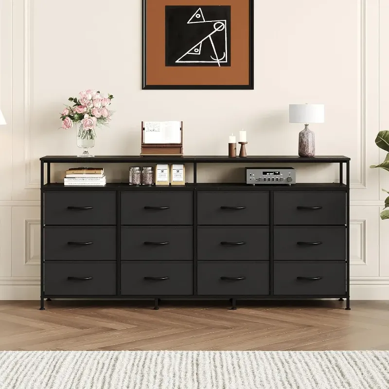 Photo 1 of 63 Inches Long Dresser TV Stand with 12 Drawer for Bedroom - Chest of Drawers with Open Shelves