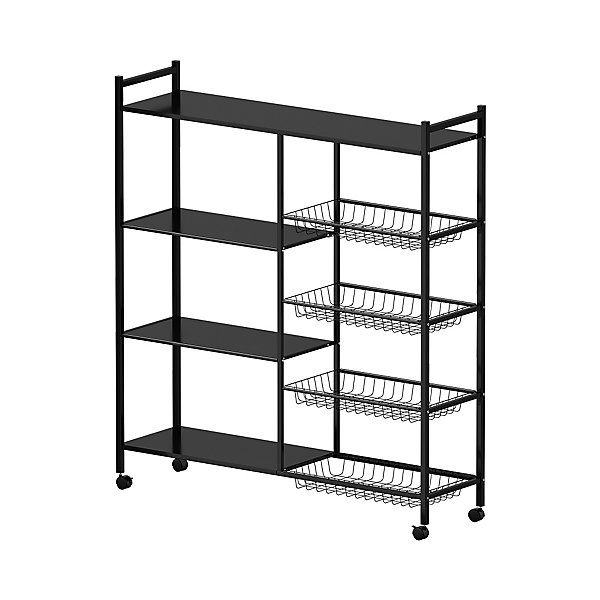 Photo 1 of 4-Tier Black Metal Kitchen Microwave Storage Rack with Wheels and 4 Side Baskets, 90cm