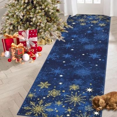 Photo 1 of Garvee Christmas Snowflake Blue 2x6 Feet Washable Foldable Non-Slip Rug (Low Pile), Pet & Child Friendly