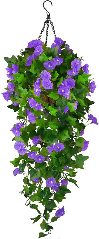 Photo 1 of Artificial Fake Hanging Flowers Plants Basket for Spring Outdoor Outside Decoration, UV Resistant Faux Plastic Fabric Flower Morning Glory Wisteria Petunia for Garden Porch Patio Balcony Yard Decor