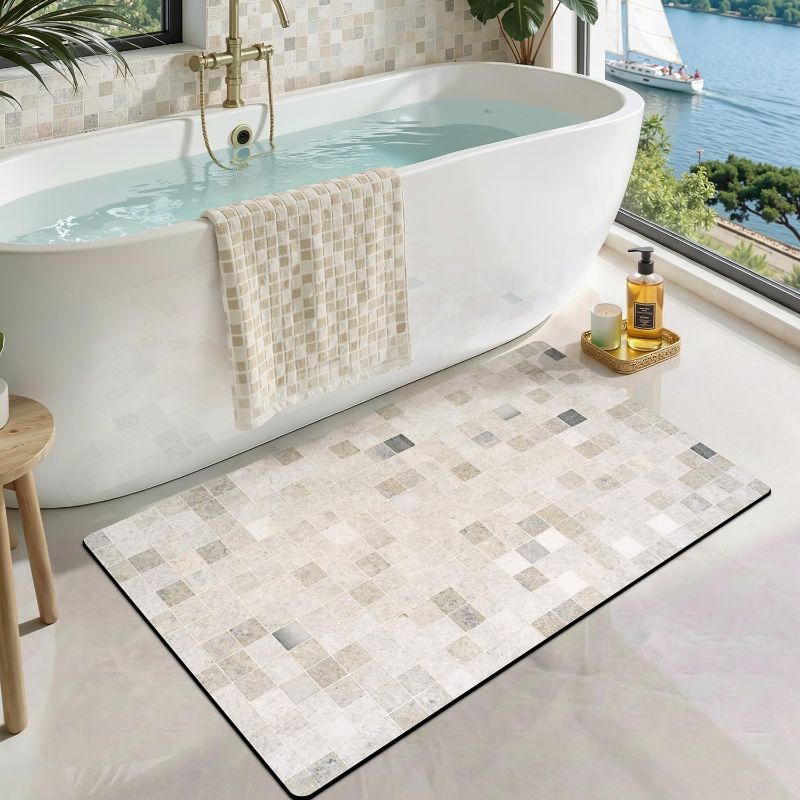 Photo 1 of 24"x36" LUMI Ultra Thin Bath Mat, Super Absorbent Quick Dry Bathroom Rugs, Non-Slip Bathroom Mats, Marble Bathmats Fit Under Door, Bathtub, Sink, Shower Room, 24"x44", Beige Checkered
