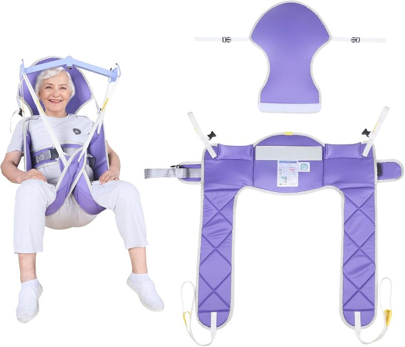 Photo 1 of EZ Assistive Patient Lift Sling, Medical Commode Patient Lift Aid Transfer Sling for Elderly, Patient Lifts for Home use,Divided Toileting Sling, 500lbs (Medium-Purple with Head Support)