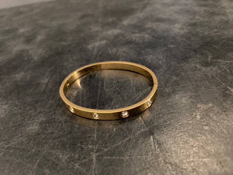 Photo 1 of Gold Plated Bracelet with Cubic Zirconia Stones Stainless Steel Bangle Minimalist Cuff Love Charm Bracelets for Women