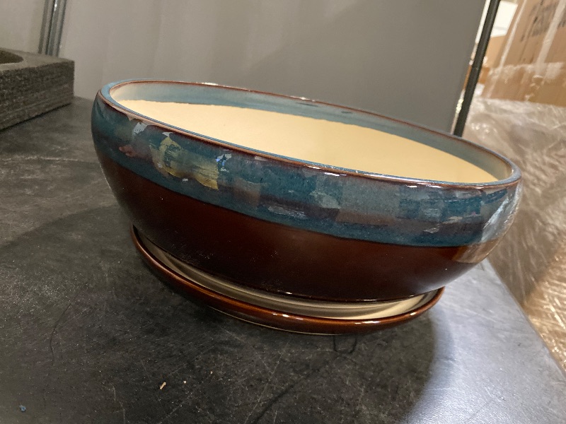 Photo 1 of Bonsai Pots 8 Inch - Ceramic Succulent Planters with Drainage Hole and Tray, Round Shallow Planter for Indoor Plants, Ceramic Planter Bowl Outdoor, Living Room Decor, Garden Gift,Blue and Brown