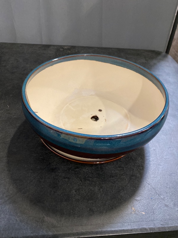 Photo 1 of Bonsai Pots 8 Inch - Ceramic Succulent Planters with Drainage Hole and Tray, Round Shallow Planter for Indoor Plants, Ceramic Planter Bowl Outdoor, Living Room Decor, Garden Gift,Blue and Brown