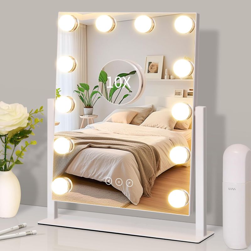 Photo 1 of Kotdning Vanity Mirror with Lights,Lighted Vanity Mirror with 12 Dimmable Bulbs for Dressing Room & Bedroom,3 Color Lighting,Modes Detachable 10x Magnification 360°Ratation (White) 14.6" L x 17" W