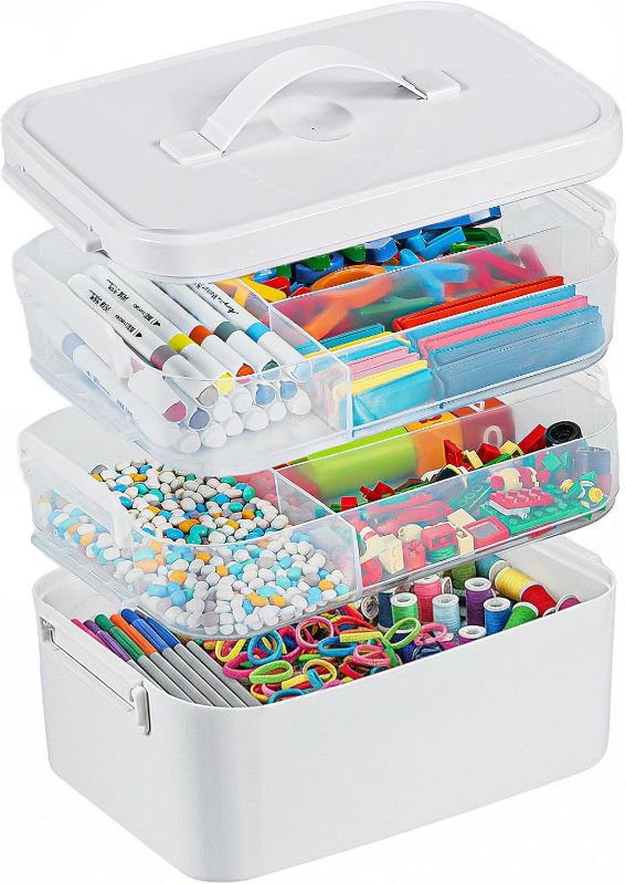 Photo 1 of 3-Layer Plastic Craft Organizers and Storage Box with Removable Trays, Storage Containers with lids and Handle, Art Supply Storage Organizer for Bead, Ornament, Nail Polish, Tape