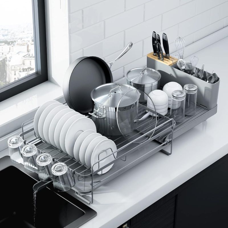 Photo 1 of Kitsure Large Dish Drying Rack - Extendable Dish Rack, Multifunctional Dish Rack for Kitchen Counter, Anti-Rust Dish Drainers with Cutlery & Cup Holders 19.2"-26.7" L x 12.9" W, Grey