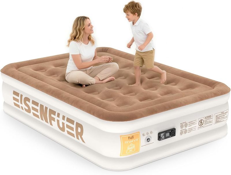 Photo 1 of Air Mattress Full with Built-in Pump – 18" Inflatable Bed with High-Speed Pump, Comfy & Durable Blow Up Mattress, Coil-Beam Support, Carry Bag, Perfect for Guests, Moving, Light Brown