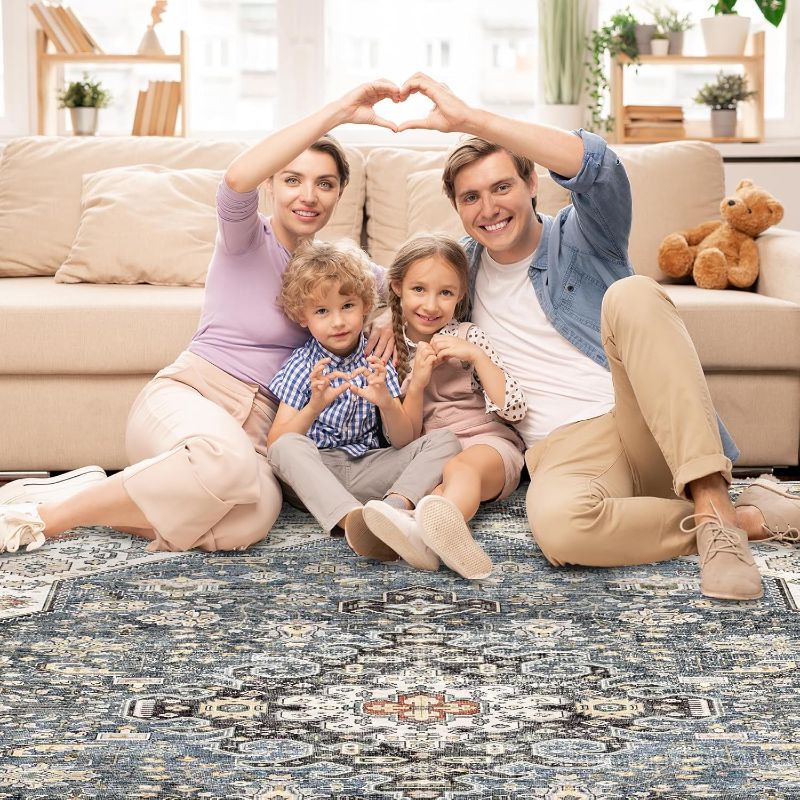Photo 1 of 8x10HILORUUG Washable Area Rug Vintage - Bedroom Living Room Large Indoor Rugs Soft Oriental Rugs Non-Slip Backing Stain Resistant for Farmhouse Kitchen (Navy Blue)