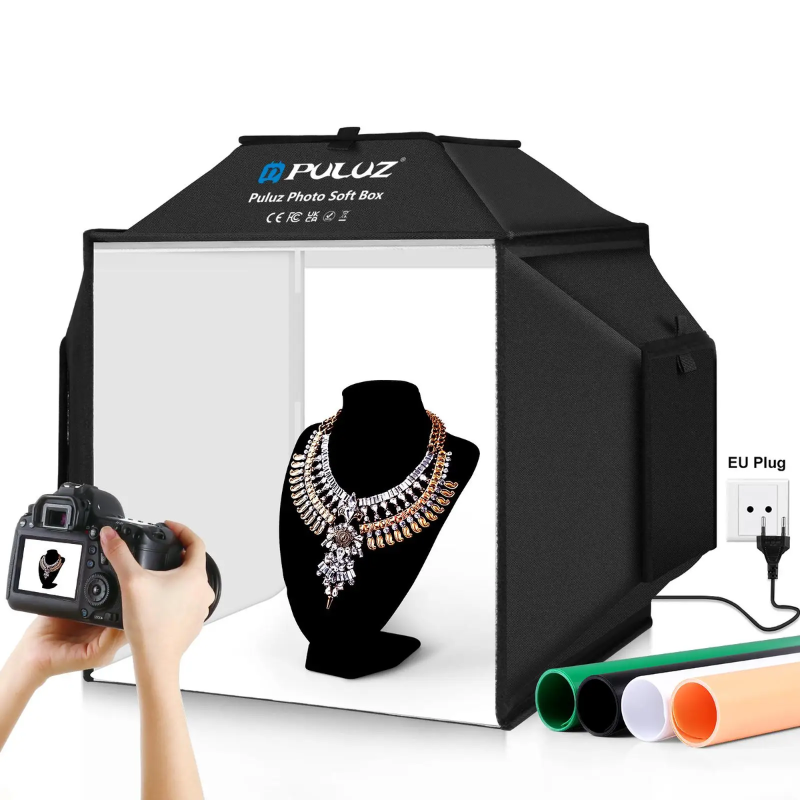 Photo 1 of Professional Portable Photo Studio Light Box with 1222 LED Lights, 20"x20" Soft Box, 4 Color PVC Backdrops for Jewelry and Product Photography