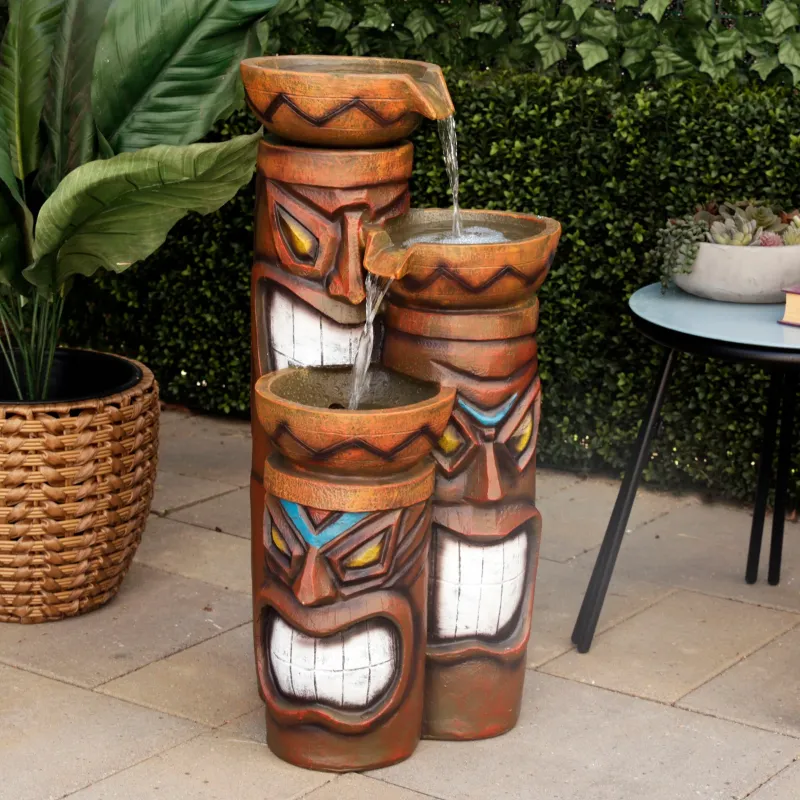 Photo 1 of Alpine Corporation - 3-Tiered Colorful Tiki Head Water Fountain, Indoor/Outdoor Tropical Waterfall with LED Lights, for Garden, Patio, Yard, 35" H