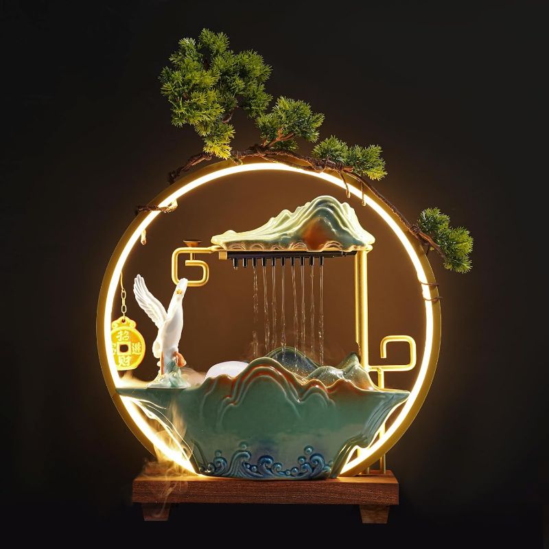 Photo 1 of Crane Tabletop Water Fountain Indoor Waterfall Desktop Fountain with LED Light, Desk Fountains W/Fake Plants Feng Shui Home & Office Decor Festival Birthday Gift