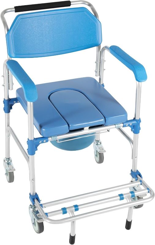 Photo 1 of Commode Chair for Toilet with Arms and Wheels, Mobile Shower Chair, Toilet Commode Wheelchair with Brakes and Detachable Bucket, for Handicap, Elderly, Injured or Disabled, 330lbs Weight Capacity