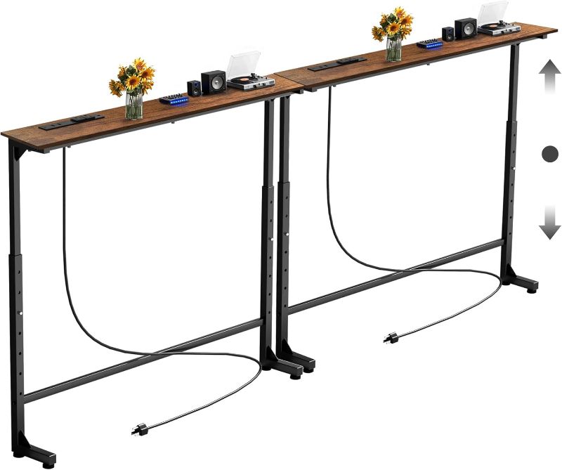 Photo 1 of Keelian 90 inch Narrow Console Table with Outlet,Adjustable Height(25"-37") Behind Sofa Table,Couch Behind Table Skinny,Couch Shelf with Charging Station,Long Entryway Tables for Living Room, Brown