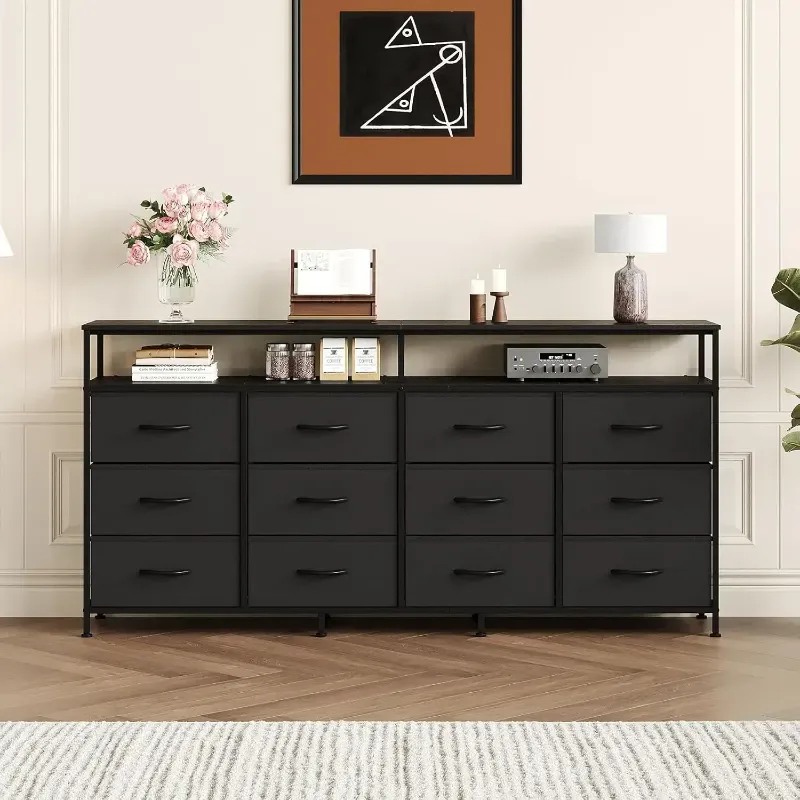 Photo 1 of 63 Inches Long Dresser TV Stand with 12 Drawer for Bedroom - Chest of Drawers with Open Shelves
