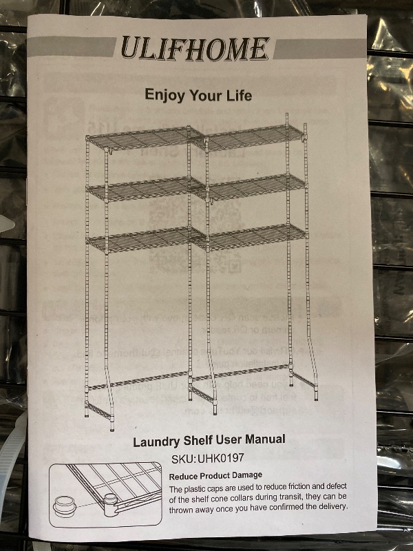 Photo 1 of Over Washer and Dryer Storage Shelves 6 Tiers Laundry Room Drying Rack with Hanger Rod and Hooks Two Rows Adjustable Washer Shelves Space Saver for Laundry Room Storage and Organization Black