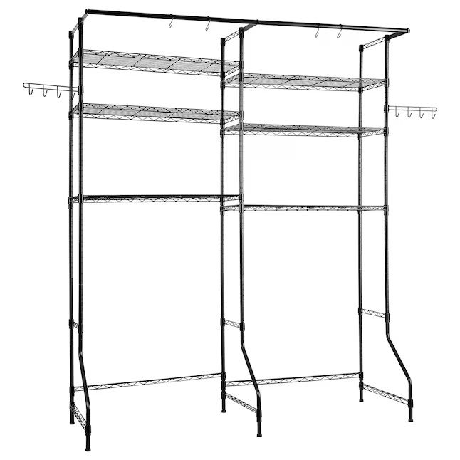 Photo 1 of  Over Washer and Dryer Storage Shelves 6 Tiers Laundry Room Drying Rack with Hanger Rod and Hooks Two Rows Adjustable Washer Shelves Space Saver for Laundry Room Storage and Organization Black