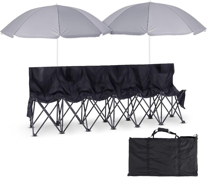 Photo 1 of Cinnvoice 6 Seat Folding Soccer Bench with Umbrella Portable Sports Sideline Bench Chair with Carry Bag for Soccer Football Camp Beach Outdoor Seating, Black