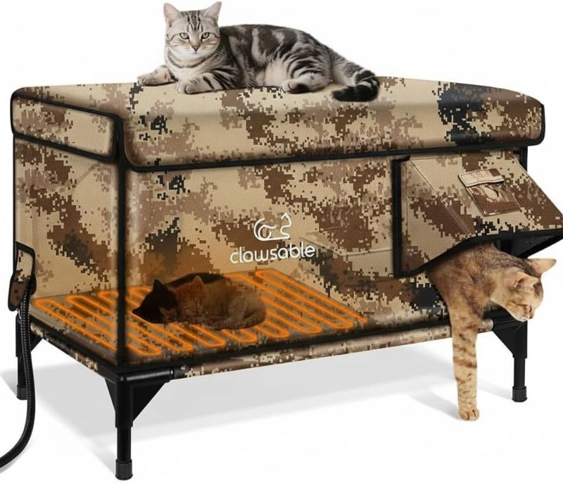 Photo 1 of Indestructible X-Large Heated Cat House for Outside Winter, 100% Waterproof, Safe Escape Door, Insulated Outdoor Cat Shelter with Heater for Feral Barn Cat Kitty (Desert Camouflage, 30"x17"x20")