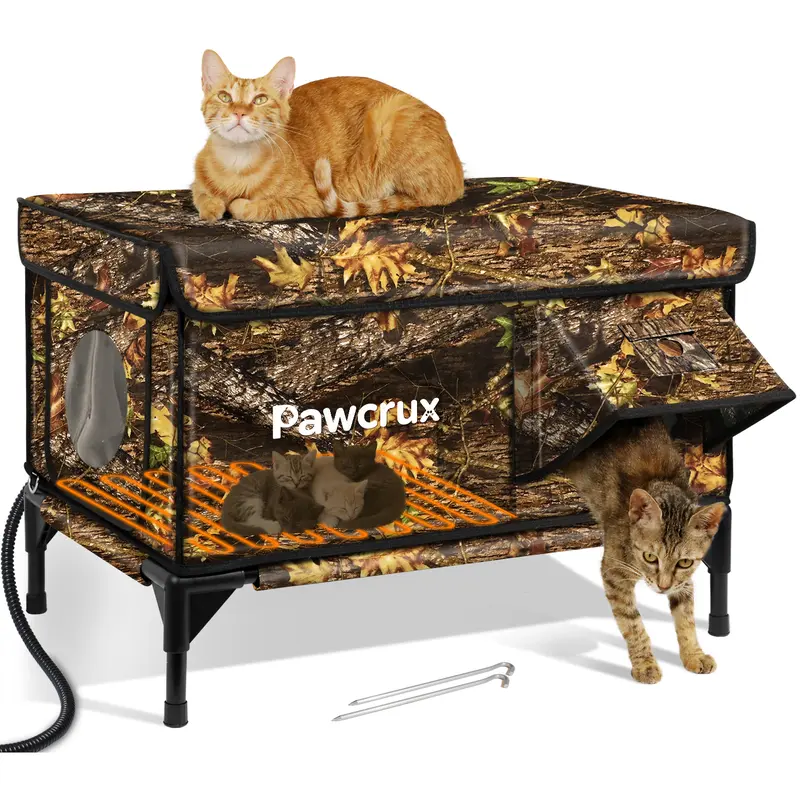 Photo 1 of Pawcrux Outdoor Heated Cat House with High-Quality Heating Pad Waterproof Indestructible High Load-Bearing in Black Camouflage&Army Green One-Way Escape Door with Ground Nails Ideal for Barn Cats Courtyard Cats and Outdoor Cats