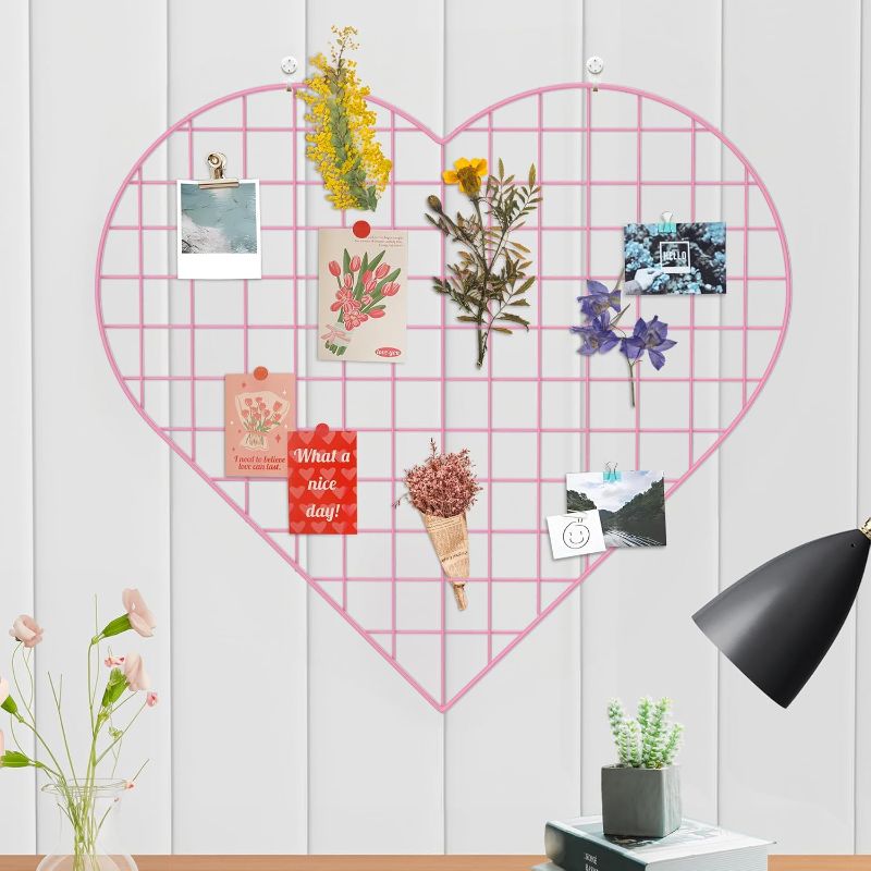 Photo 1 of Grid Photo Wall Panels - 22.4"x20.4" Heart Shape Iron Rack Art Wire Board, Wall Grid Organizer, DIY Photo Frame for Home, Office, Kitchen, Bedroom, Christmas Gifts - Pink