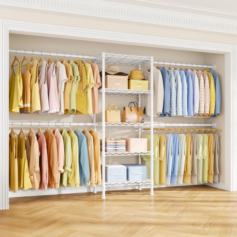Photo 1 of M2 Wall Mounted Closet System, Clothes Rack Mounted onto the Wall with 4 Expandable Hanger Rods and 5 Metal Shelves, Clothing Organizer Storage in (70.8-102.3)" L x 14.5" D x 71.2" H, White