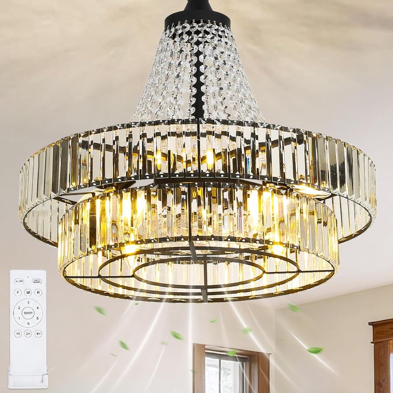 Photo 1 of 24 Inch Crystal Caged Double Layer Fandelier, Large Modern Chandelier Ceiling Fan with Light and Remote, Luxury Fandelier for Living Room, Bedroom, Reversible DC Motor, Height-Adjustable (Black