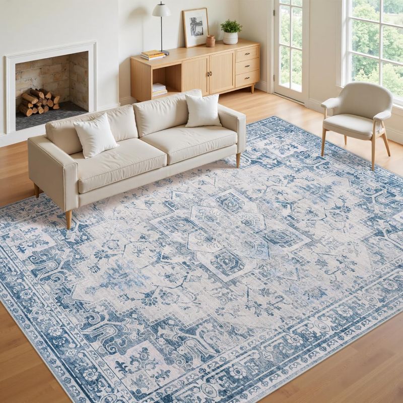 Photo 1 of 8x10 Area Rugs for Living Room:Blue Washable Vintage Medallion Boho Rug Non-Slip No Slip Stain Resistant Soft Low Pile Large Rugs Indoor Retro Carpet for Bedroom Nursery Dining (Blue Grey 8'x10')