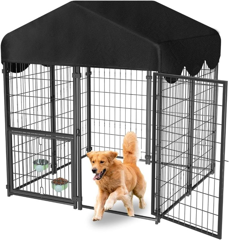 Photo 1 of Heavy Duty Dog Kennel Outdoor, Covered Dog Kennels Outside with Roof, 4x4.2x4.5FT Large Dog Enclosure Adjustable Feeder Door, Playpen Fence for Yard