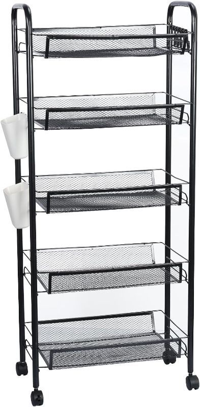 Photo 1 of 5 Tier Rolling Storage Cart, Fruit Vegetable Snack Basket Storage, Slim Utility Cart on Wheels for Kitchen, Bedside, Bathroom, Metal Shelving Mobile Organizer with 360 Degree Wheels (5, black