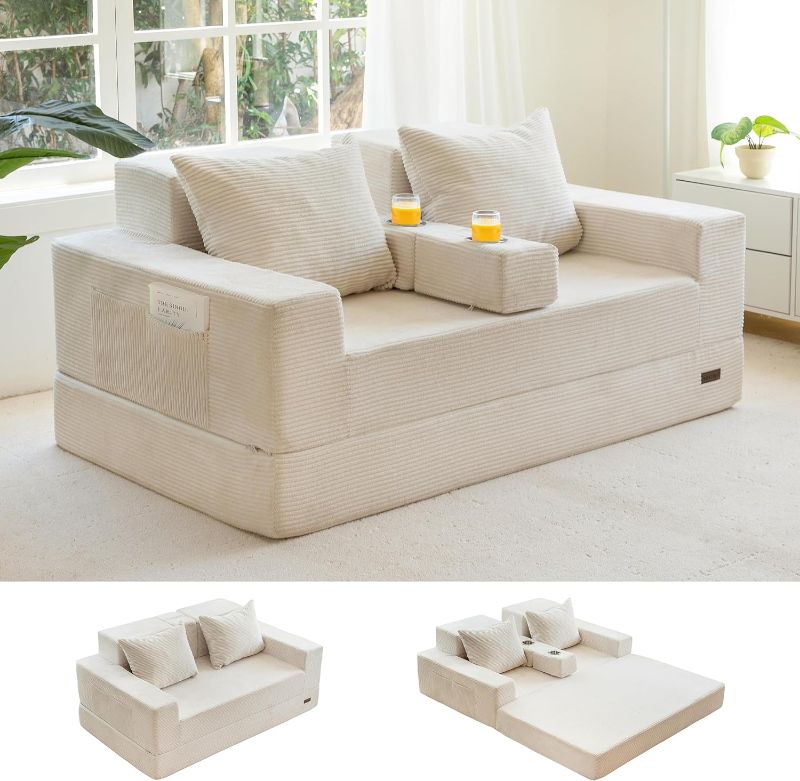Photo 1 of MAXYOYO Loveseat Sofa Bed, 64" Foldable Floor Sofa Couch in A Box with 2 Cup Holders, 4 in 1 Convertible Boneless Couch Folding Recliner Chair for Living Room, No Assembly Required, Beige