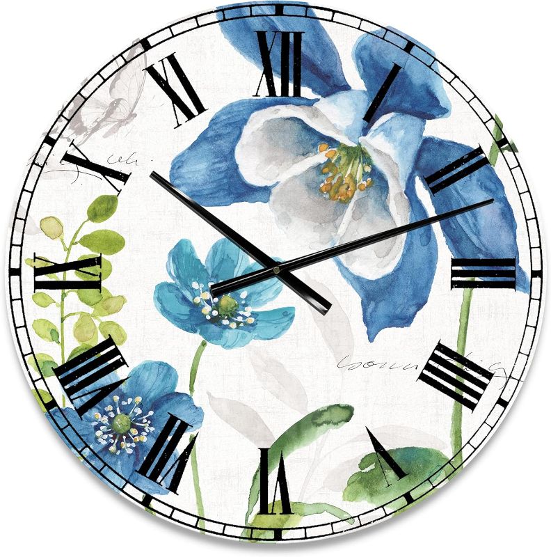 Photo 1 of 29x29 DesignQ Traditional Wall Clock 'Blue Columbine Flowers with Butterfly' Large Wall Clock for Living Room Decor