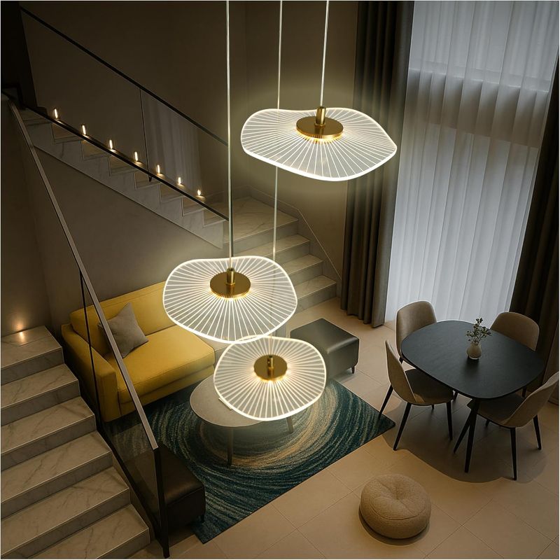 Photo 1 of Gold Linear Lotus Leaf Chandelier, 3-Light, Modern Dimmable LED Large Hanging Pendant Lighting Fixture with Remote, for High Ceilings Dining Room, Foyer, Entryway, Staircase