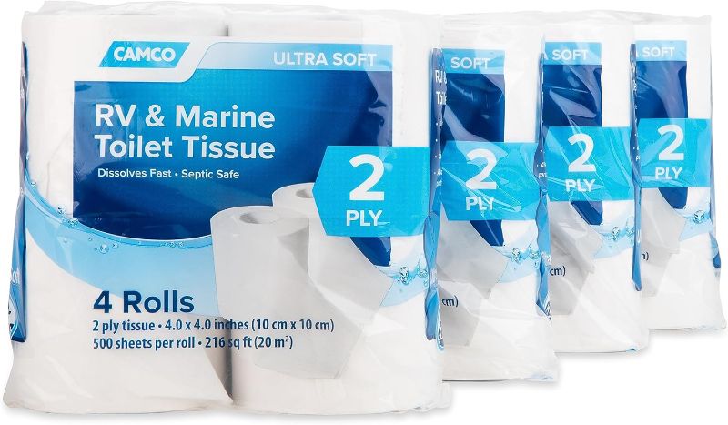 Photo 1 of Camco Camper & RV Toilet Paper - 16-Rolls - 2-Ply Quick Dissolve RV Septic Safe Bath Tissue - Dye & Fragrance Free - 500 Sheets Per Roll (40282)