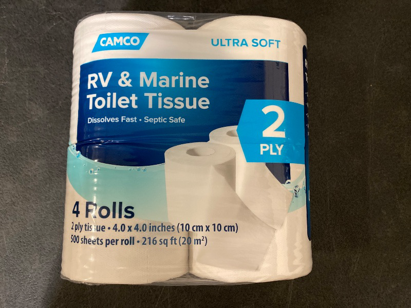 Photo 1 of Camco Camper & RV Toilet Paper - 16-Rolls - 2-Ply Quick Dissolve RV Septic Safe Bath Tissue - Dye & Fragrance Free - 500 Sheets Per Roll (40282)